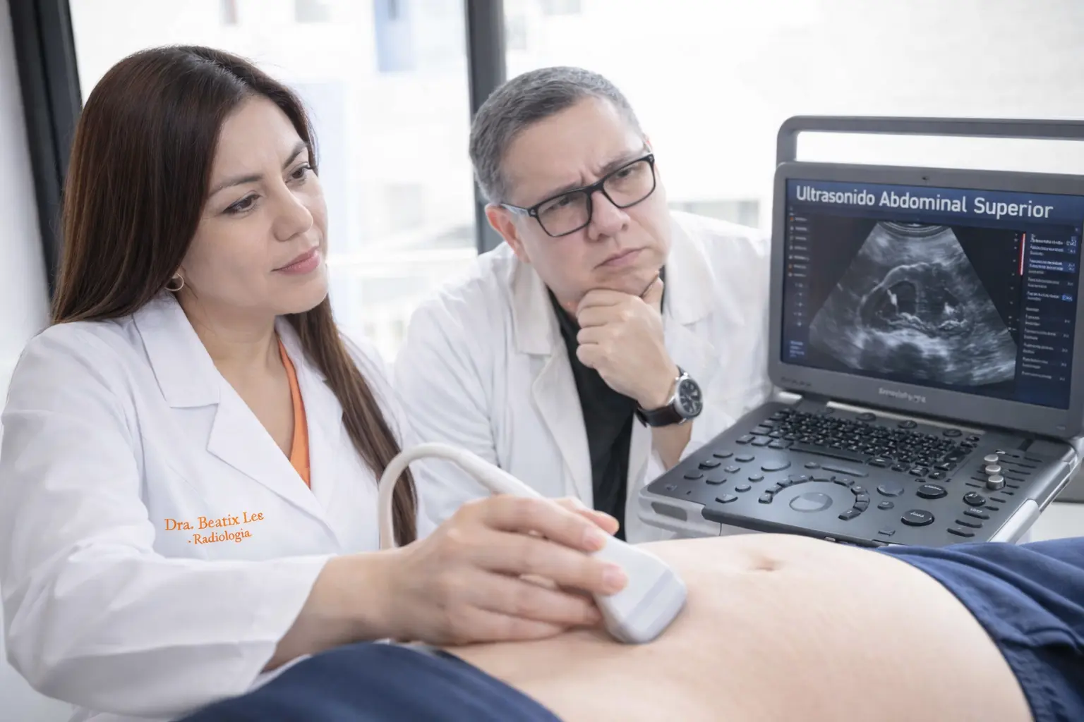 Doctores realizando ultrasonido abdominal superior