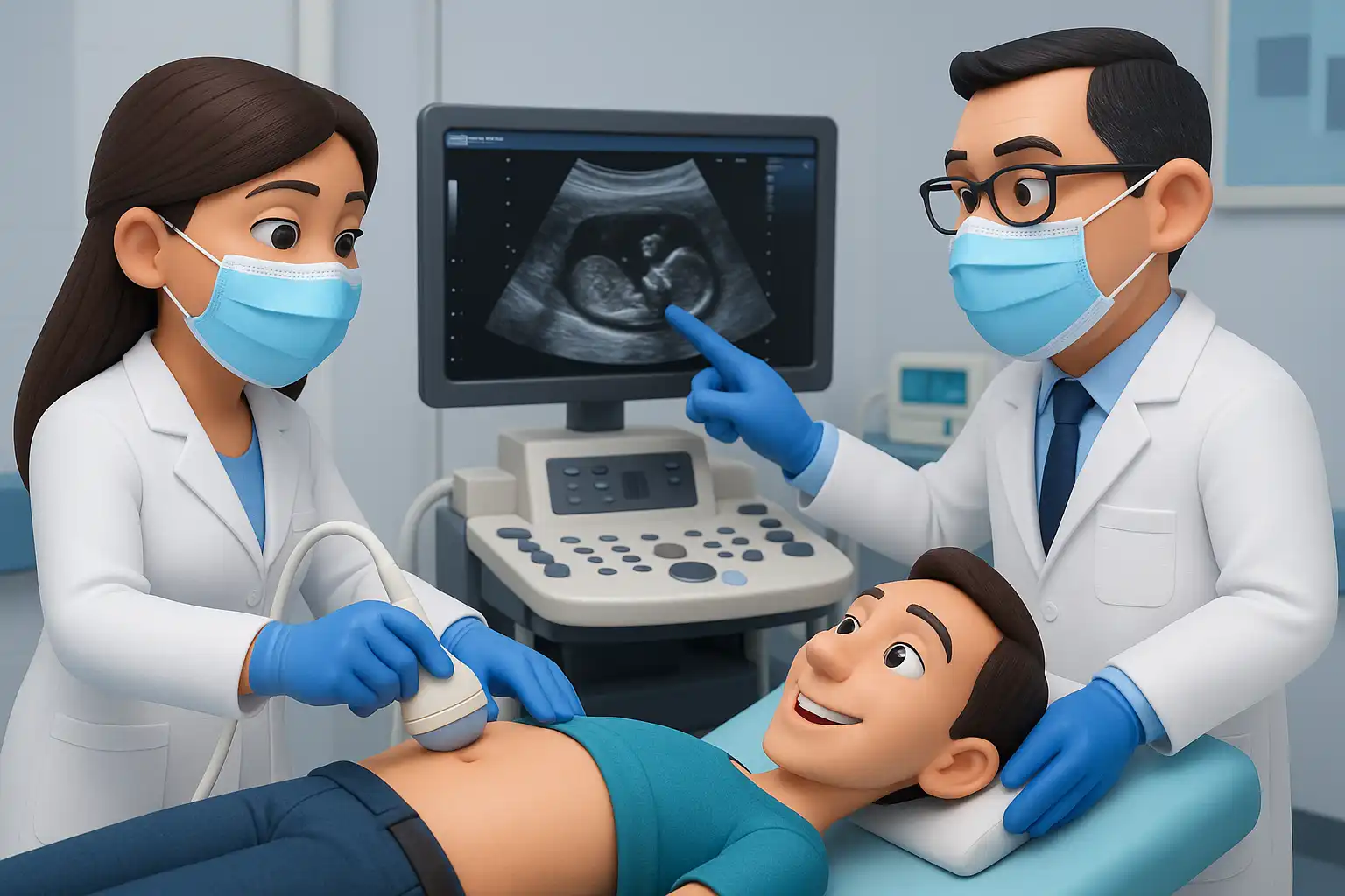 Doctores realizando ultrasonido abdominal superior