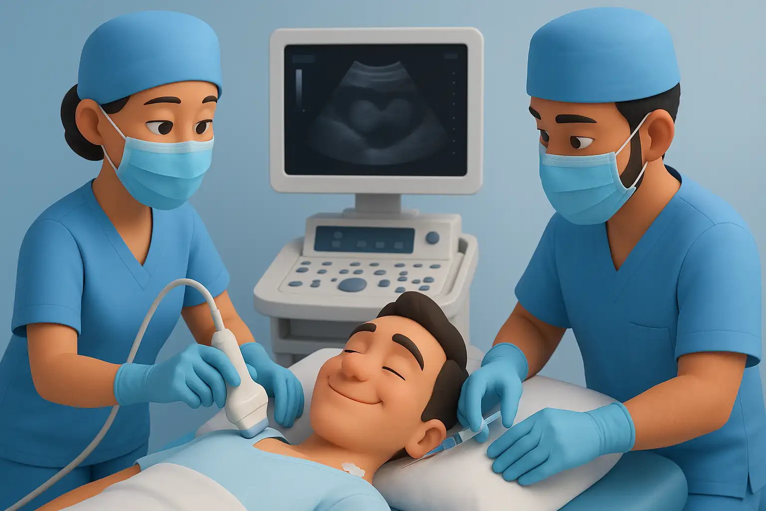 Doctores haciendo una biopsia tiroidea ecodirigida